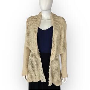 Anthro Knitted & Knotted Cozy Cardigan Beige Lace Detail Open Front